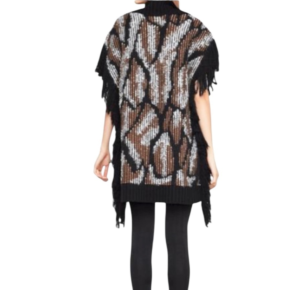 Women’s Cowl Neck Fringe Wool Alpaca Blend Combo Poncho Sweater M/L - Picture 2 of 9